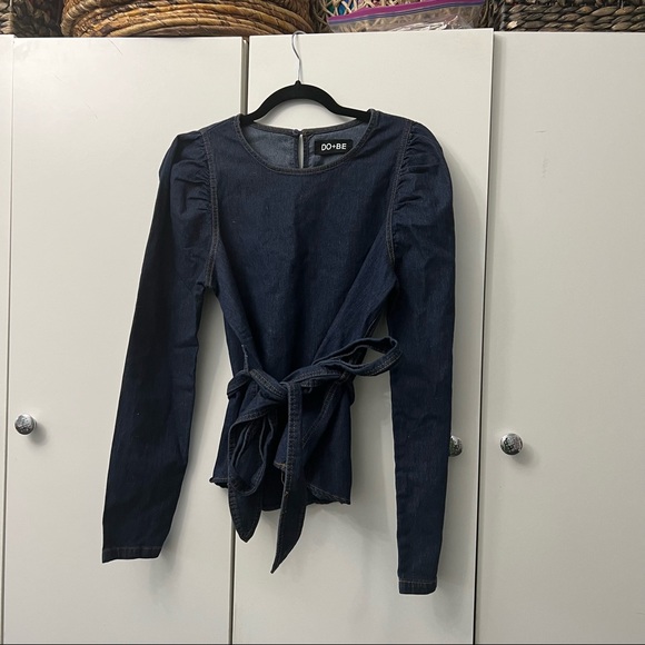 Dark Wash Denim Puff-Sleeve Long Belted Contrast Stitching Shirt Top Blouse Sz M - Picture 6 of 14